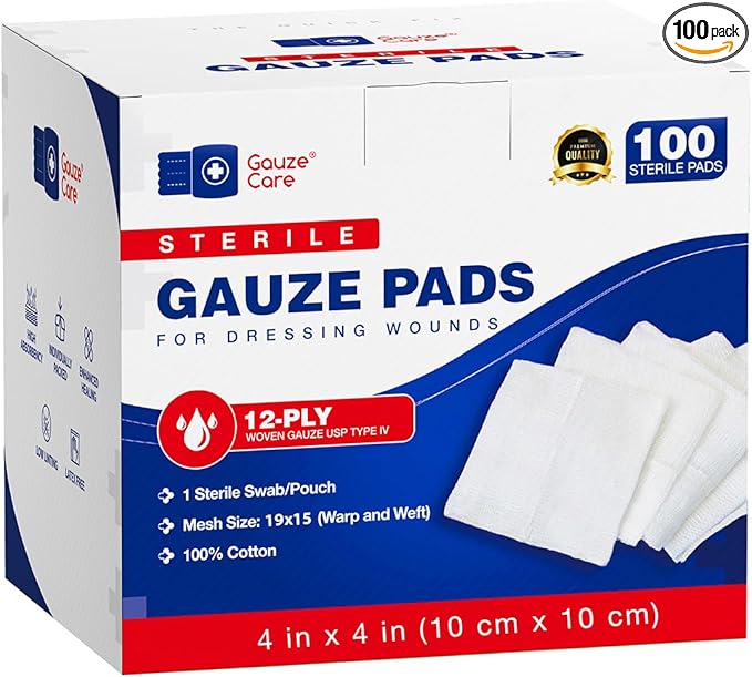 100pc Large Sterile Gauze Pads 4x4 Sterile for Wounds Bulk - 12ply Woven Gauze Sponges 4x4 Sterile - USP IV Breathable Mesh 4x4 Gauze Pads Sterile for Enhanced Absorption - First Aid Medical