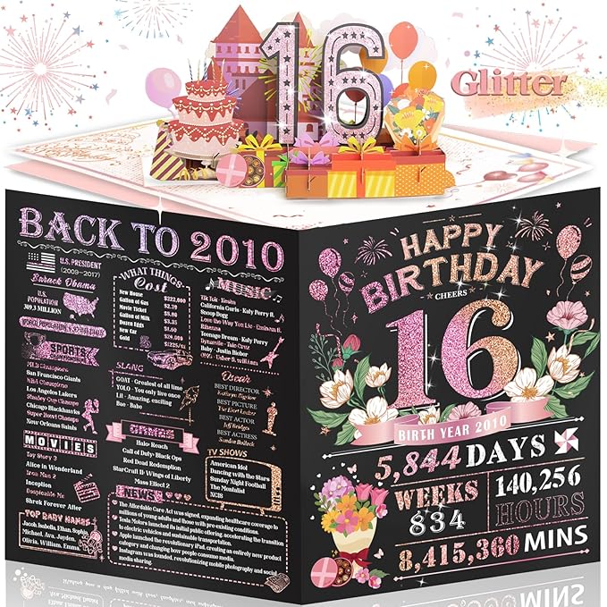16th Birthday Card for Women Her, Large 3D Pop Up 16th Birthday cards for Mom Wife, Happy 16 Year Old Birthday Decorations for Grandma, Mother, Daughter Funny Birthday Gifts, Back to 2010, Pink