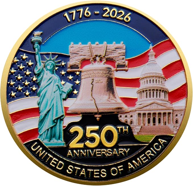 1776–2026 America 250th Anniversary Commemorative Coin – USA Semiquincentennial Collectible Challenge Coin – Patriotic Gold Plated Freedom Keepsake for Veterans, Collectors & History Buffs