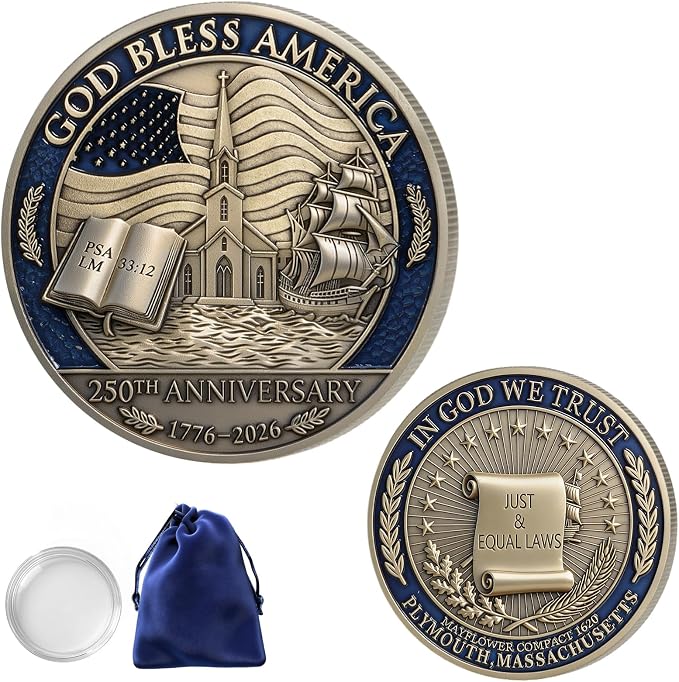 1PCS USA 250th Anniversary Commemorative Coin Religious Christian Faith-Based Gifts (1776-2026) God Bless America Patriotic Challenge Coin, Features Mayflower Compact & Declaration of Independence