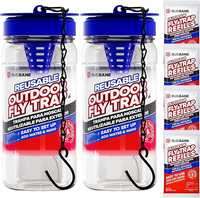 2 Fly Traps Outdoor Fly Trap for Patio with 4 Non-Toxic Dissolvable Bait Refills. Reusable Hanging Bug Catcher Killer for All Filth Flies for Outside Bug Control Yard Ranch. Hanging Chains Included.