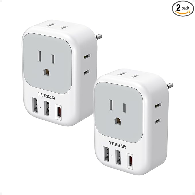 2 Pack European Travel Plug Adapter, TESSAN Europe Power Converter 4 Outlets 3 USB(1 USB C PD 20W), Type C International Adaptor to Italy Spain France Portugal Iceland Germany, EU Travel Essentials