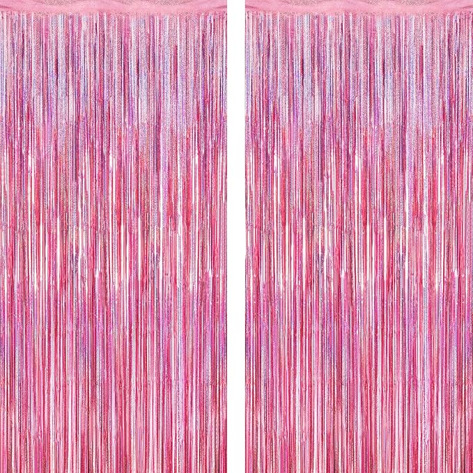 2 Pack Glitter Pink Backdrop, 3.28 FT x 7.05 FT Birthday Party Decorations, Laser Pink Fringe Curtains Foil Streamer Tinsel, Pink Curtains Photo Backdrop Happy Birthday Valentines Day Backdrop