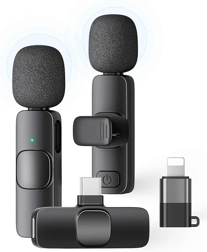 2 Pack Wireless Lavalier Microphone for iPhone iPad and Android Phone, Lapel Mic Plug and Play Wireless Mic Noise Reduction Mini Microphone for Video Recording Interview Podcast Vlog YouTube Tiktok
