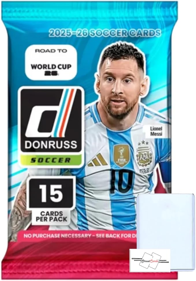 2025-2026 Donruss Road to World Cup Soccer Blaster Pack with 15 Total Trading Cards + Toploader and StreetCards Magnet! Look for Kaboom!