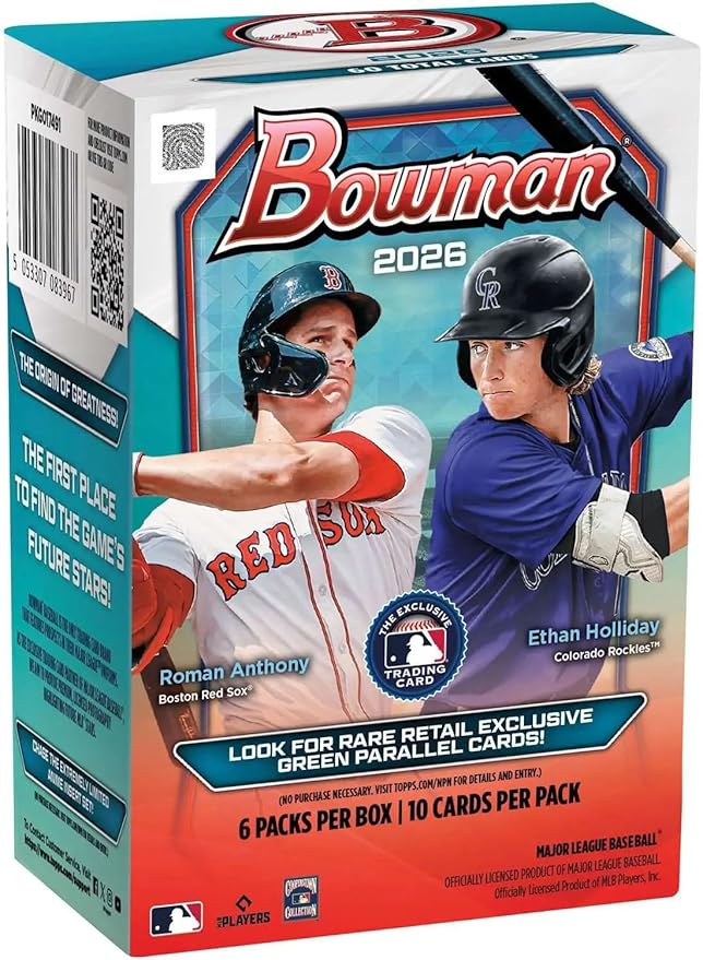2026 Bowman Baseball Blaster Trading Card Box (Look for Retail Exclusive Green Parallels)