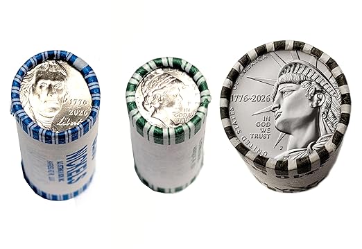 2026 P Mint 3 Roll Set - Nickel, Dime, and Half Dollar - 1776-2026 Dual Date Semiquincentennial Coinage Philadelphia (P) Mint Uncirculated
