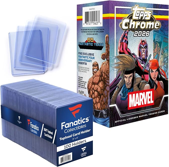 2026 Topps Chrome Marvel Comics - Factory Sealed - Value Box and 35pt 3x4 Top Loaders, 100 Count - Standard Size Clear Rigid Card Holders for Trading Card Protection