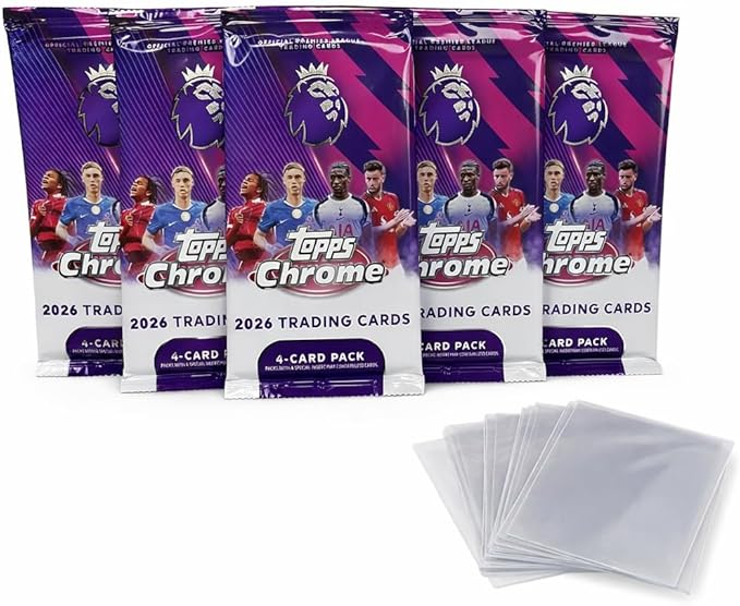 2026 Topps Chrome Premier League Soccer Cards – 5 Factory Sealed Packs (20 Cards Total) + 10 Penny Sleeves | EPL Trading Card Bundle for Collectors & Gifts