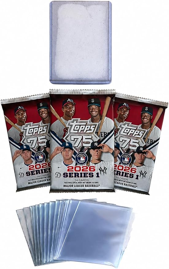 2026 Topps Series 1 Baseball Cards Value Pack – 3 Factory Sealed Packs (42 Cards Total) + 10 Penny Sleeves + 1 Top Loader – MLB Trading Card Bundle (Topps 75th Anniversary Design)