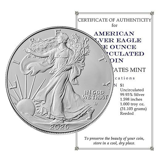 2026 U.S. Silver Eagle 1 oz Brilliant Uncirculated with our Smyrnacoin Certificate of Authenticity Dollar Uncirculated US Mint