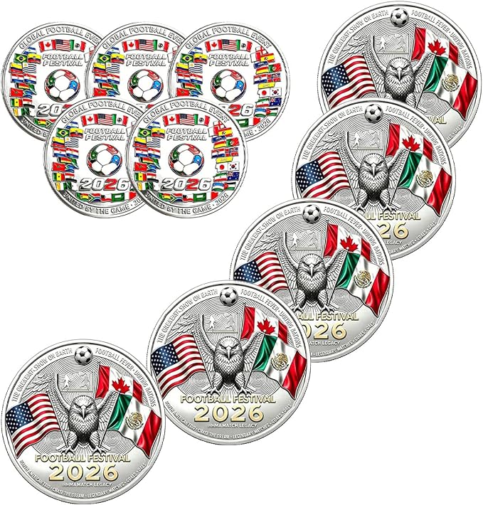 2026 World Cup Soccer Commemorative Coin, Silver Plated Multi-National Flags,2026 Global Football Festival Commemorative Coin (5PCS)