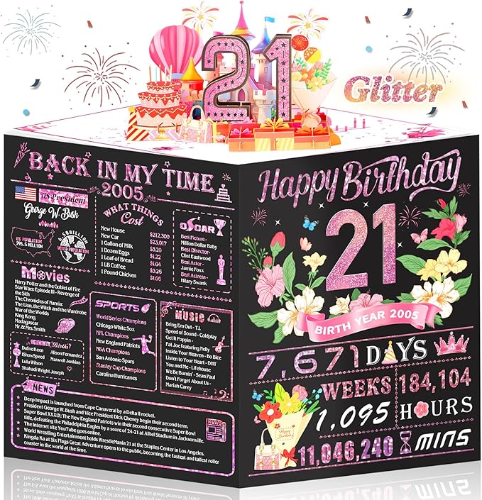 21st Birthday Card,3D Pop Up Funny 21st Birthday Decorations for Girls Granddaughter Sister,Happy 21 Year Old Birthday Gift for Daughter,Great 21Year Old Gifts Idea for Her,Jumbo Rose Glod In 2005