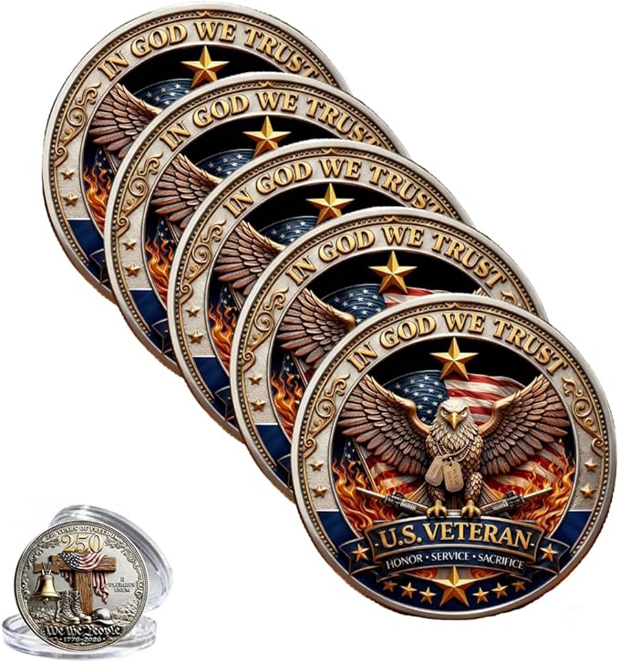 250 Years of Freedom Veteran Tribute Coin,in God We Trust Veteran Challenge Coins,We The People Commemorative Coin with Eagle Design,Christian Token Gift for for Veterans, Fathers, Husbands (5pcs)