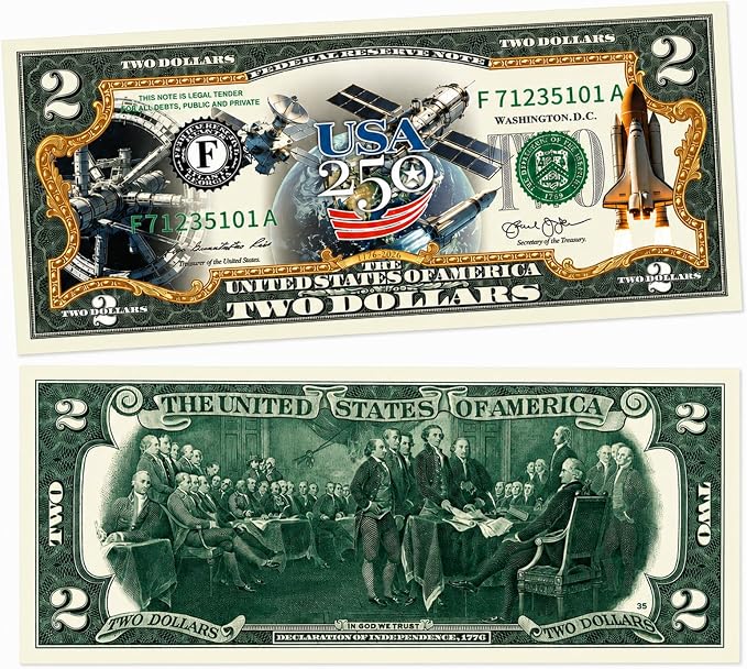 250th Anniversary 2 Dollar Bill – Uncirculated Collectible Note for Independence Day, Patriotic Declaration of Independence Souvenir Gift for Adults