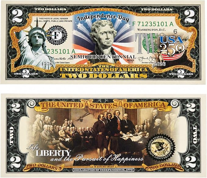 250th Anniversary 2 Dollar Bill – Uncirculated Collectible Note for Independence Day, Patriotic Declaration of Independence Souvenir Gift for Adults