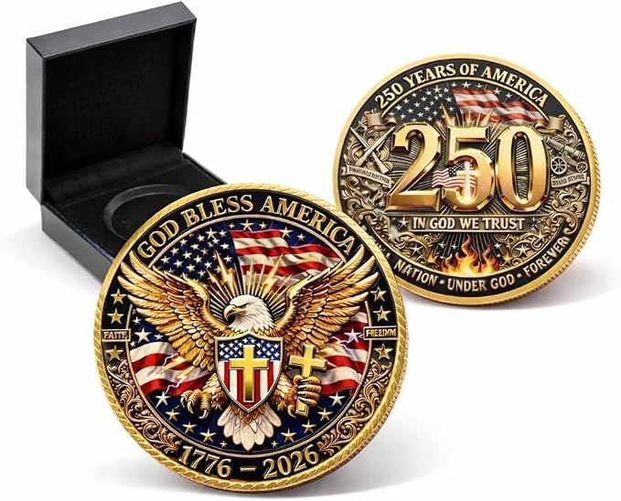 250th Anniversary Coin 1776–2026, Double-Sided 3D Raised Relief America 250 Commemorative Challenge Coin with Gift Box, Patriotic USA Collectible Coin Gift for Dad, Veteran, Collectors (Gold)