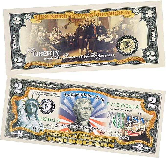 250th Anniversary Collectible $2 Bill | Independence Day 2 Dollar Bill 250 Anniversary Uncirculated Commemorative Coin Collectibles Replica Blue