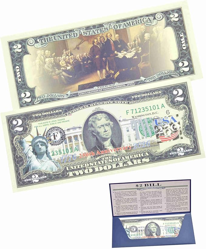 250th Anniversary Collectible $2 Bill | Independence Day 2 Dollar Bill 250 Anniversary Uncirculated Commemorative Coin Collectibles Replica Multicolored