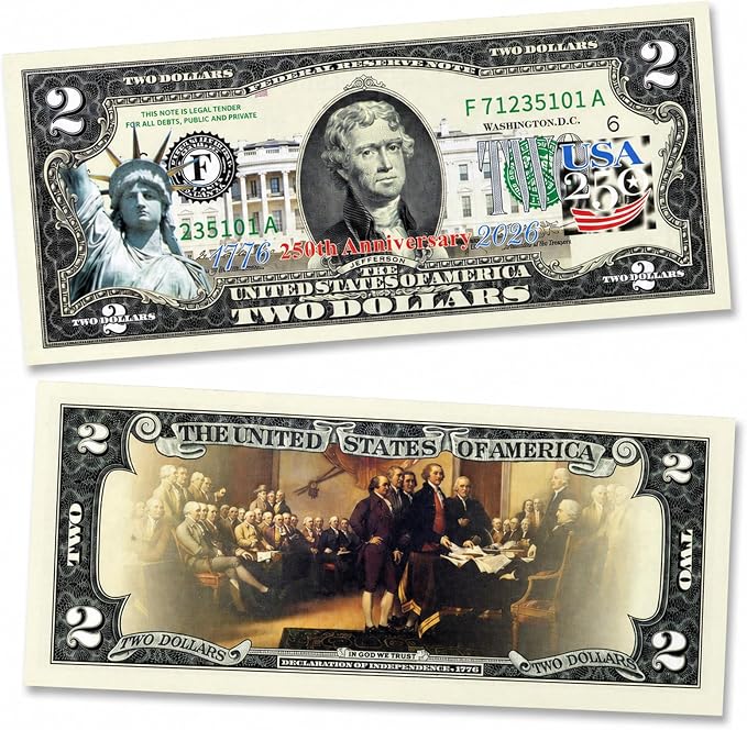 250th Anniversary Collectible $2 Bill | Independence Day 2 Dollar Bill Uncirculated Commemorative Coin Commemorative Medallion Replica