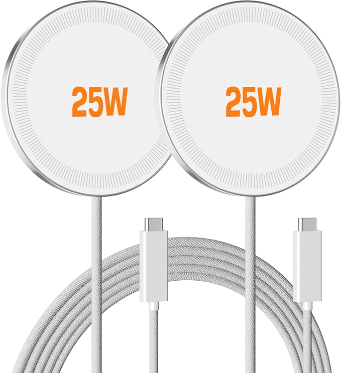 25W Magnetic Wireless Charger: Fast Charging Pad for iPhone 17 16 15 14 13 12 Pro Max, Samsung Galaxy S26 S25, Google Pixel 10, AirPods-Slim Portable for Travel Bedside Office-White 2 Pack