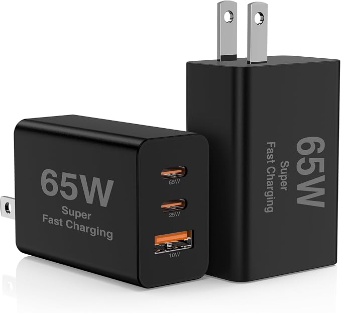 2Pack 65W USB C Wall Charger Block, 3-Port USB C Charging Adapter 100W Type C Super Fast Charging Power Plug Cube for MacBook Pro/Air,i-Pad Pro,i-Phone 17/16/15, Galaxy S25,and More-Black​
