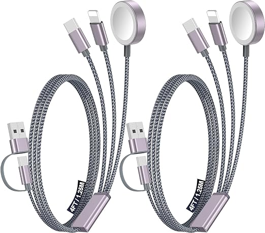 2Pack Multi Charging Cable Cord for Travel Essentials,Apple Watch Charger,iPhone Charger,[3-in-2] Type C/L Cable Portable Designed for iWatch,iPhone 17-8,Galaxy S26-21,Xbox Series X&S,iPad-4FT