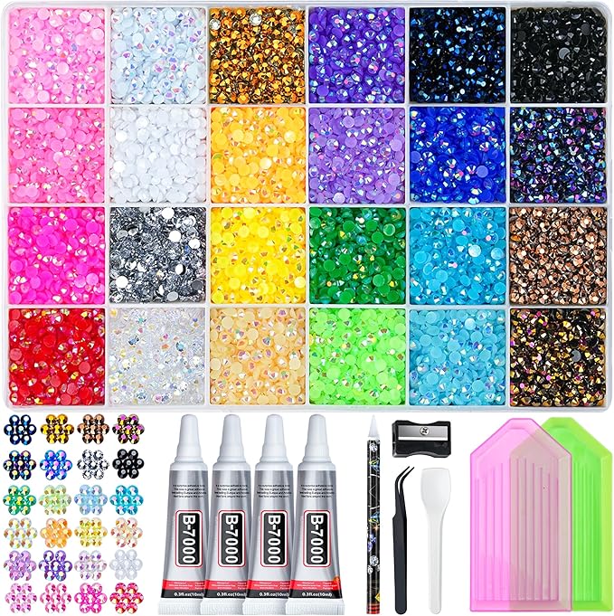 35000 Pcs Resin Jelly Rhinestones Kit, Multicolor 3mm Flatback Rhinestones with 4 Pcs B7000 Jewelry Glue & Tools, All-in-One Bedazzling Kit for DIY Arts & Crafts Gifts