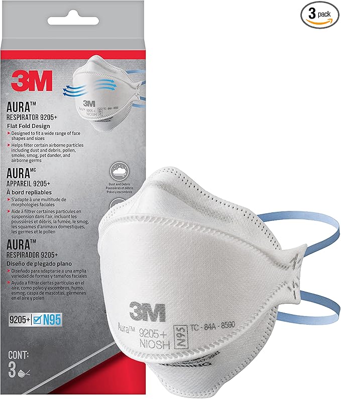 3M Aura Particulate Respirator 9205+ N95, Lightweight, Three Panel Designed Respirator Helps Provide Comfortable And Convenient Respiratory Protection, 3-Pack
