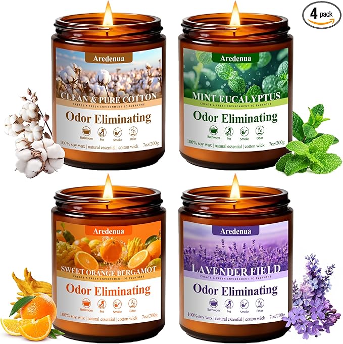 4 Pack Odor Eliminating Candles Set - Eliminates 95% of Pet, Smoke, Food & Other Smells - Air Freshing Scent of Orange/Mint/Lavender/Cotton - Up to 200 Hour Burn time - 28 oz Natural Soy Wax