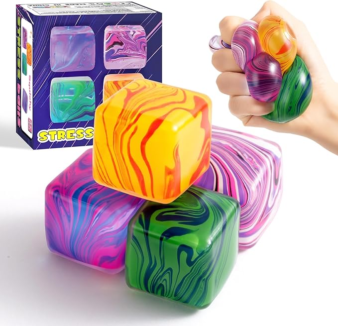 4 Pack Squishy Fidget Toys Stress Cube Bulk, Squishies Slow Rising Stress Balls for Adults Kids, Sensory Fidget Toys for Anxiety Relief, Small Squishy Toys for Classroom Prizes Party Favors
