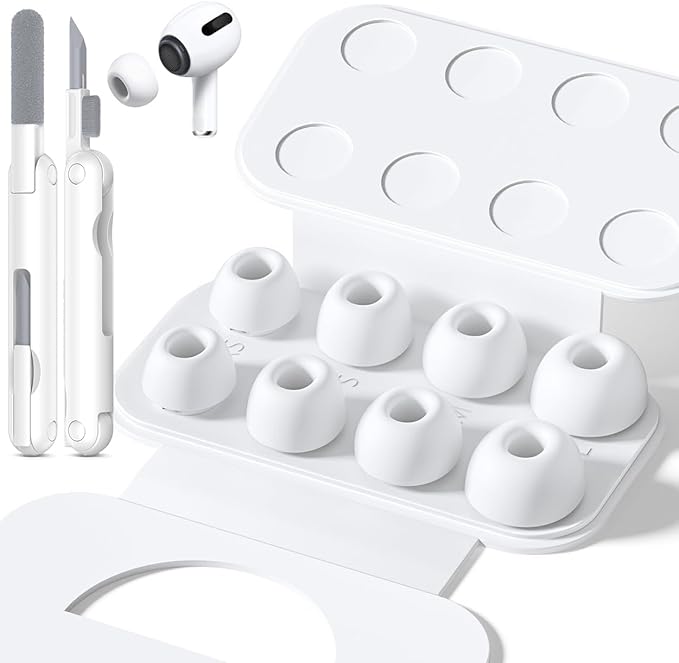 4 Pairs Replacement Ear Tips for AirPods Pro 2nd/1st Generation with Portable Storage Box & Cleaner Pen,Noise Reduction Holewith & Built-in dust Guard Screen,Silicone EarTips(White)