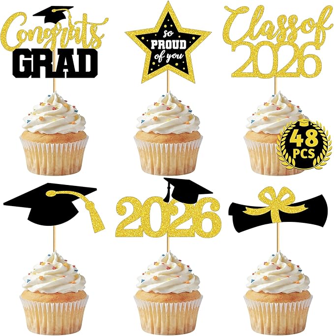 48 PCS Graduation Cupcake Toppers, 6 Styles Congrats Grad Cake Topper, Black and Gold Graduation Decorations 2026, Glittery Cap and Diploma Cake Picks for Grad Party Decor Supplies