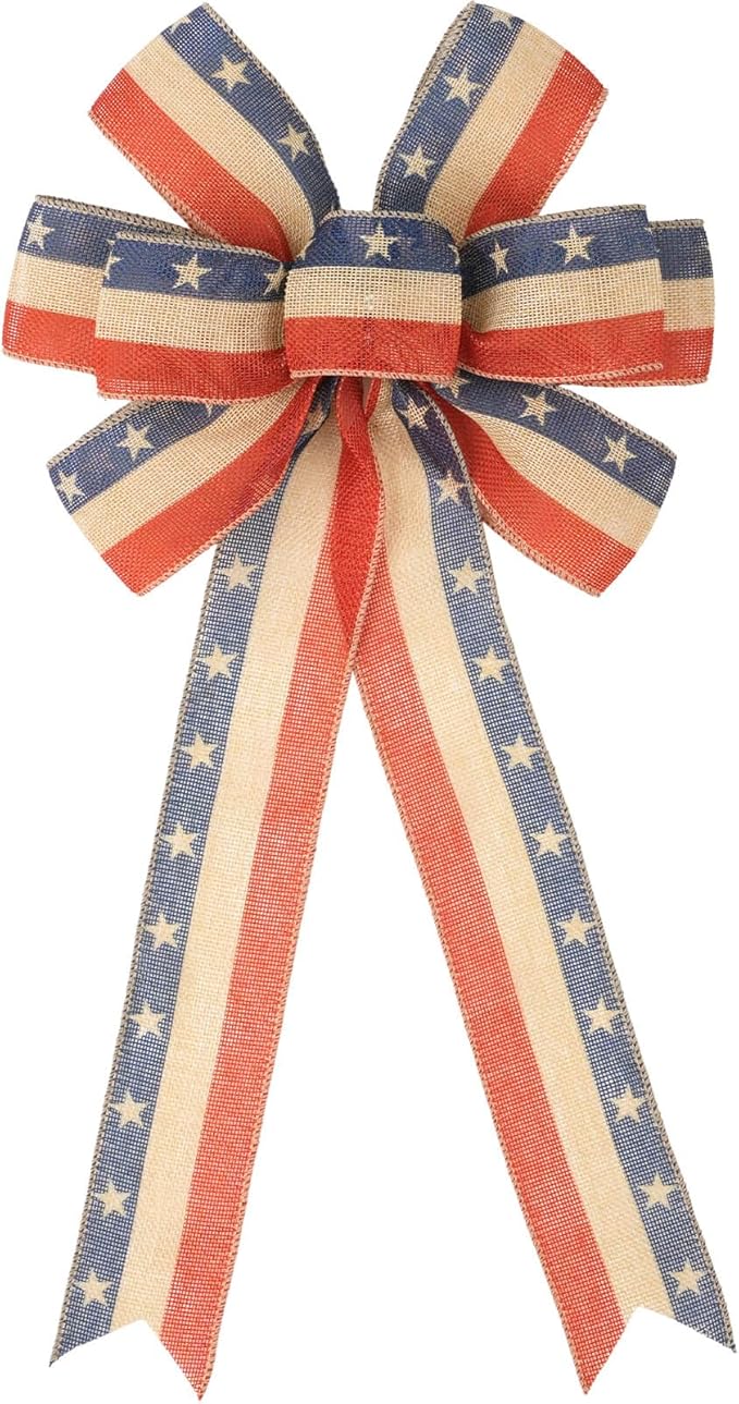 4th of July Bow for Wreaths Front Door, Large 21" Red White Blue Burlap Wired Bow Patriotic Decor