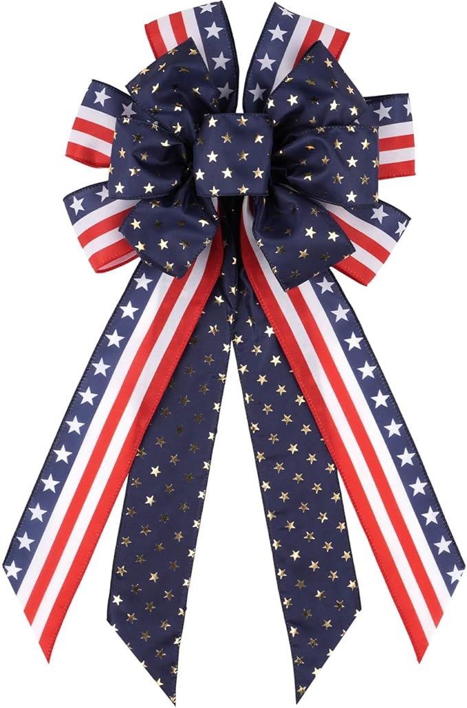 4th of July Bow for Wreaths Front Door, Large 21" Red White Blue Satin Gold Star Multi-Loop Wired Bow Patriotic Decor
