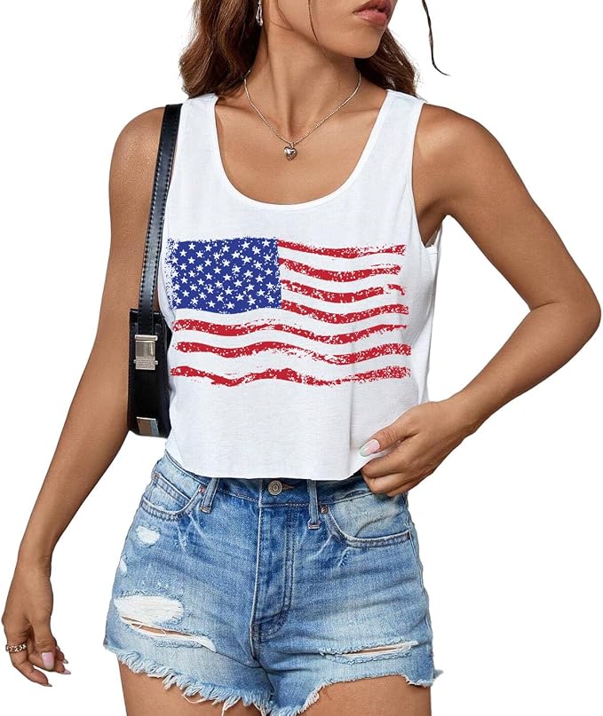 4th of July Crop Tops for Women Funny American Flag Shirts Tank Tops Outfits