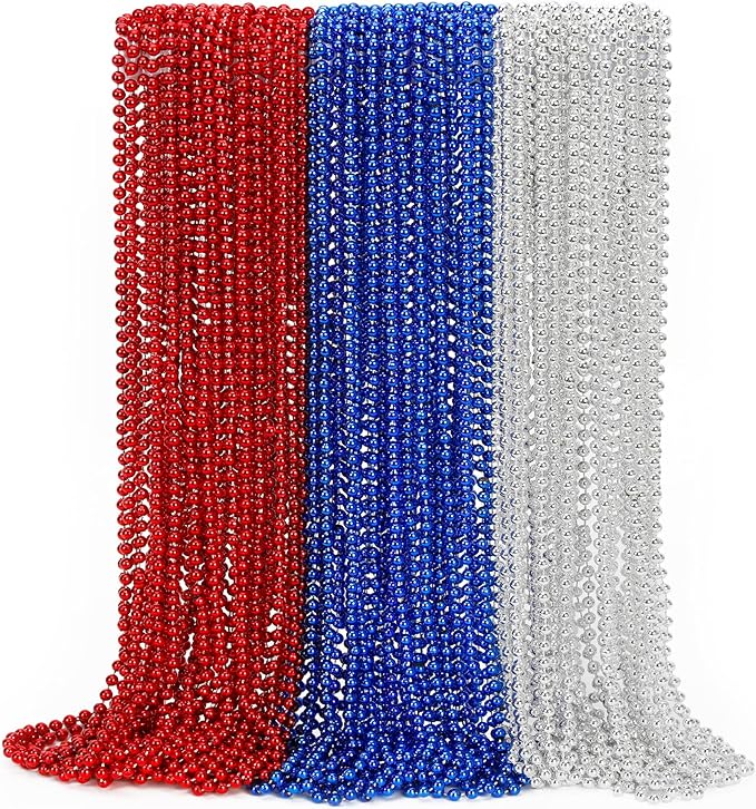 4th of July Party Favors, 12PCS 250th Anniversary Patriotic Necklaces Bulk, Fourth of July Red Blue Silver Beads Necklace, Independence Day Beads Bulk for Parade Party Celebration Favors Decorations