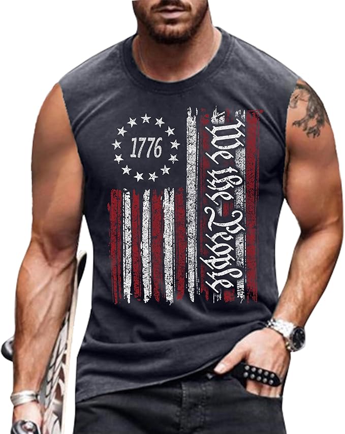 4th of July Shirts Mens Muscle Tank Top 1776 Sleeveless Graphic Gym Workout American Flag Shirt