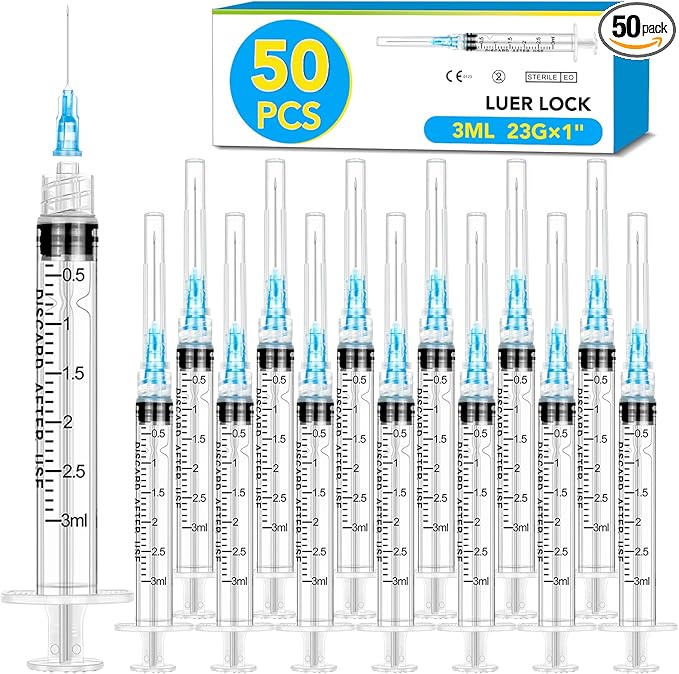 50 Pack 3ml Syringes with Needle-23Ga 1 Inch Needle with Luer Lock, Individually Sealed Packaging