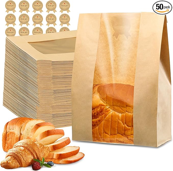 50 Pcs Bread Bags for Homemade Bread, Sourdough Paper With Window, 50% Thicker 13.7x8.2x3.7in A Large Bakery Bags Used for Storage Cookies & Snacks, 60 Cute Sealing Stickers With Ties
