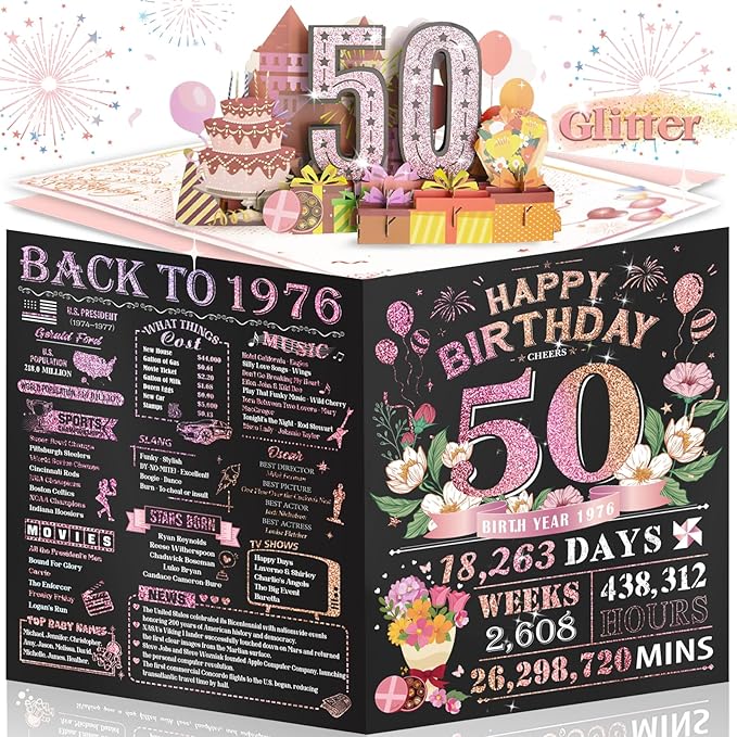 50th Birthday Card for Women Her, Large 3D Pop Up 50th Birthday cards for Wife Mom, Happy 50 Year Old Birthday Decorations for Sister Daughter Funny Birthday Gifts, Back to 1976, Pink