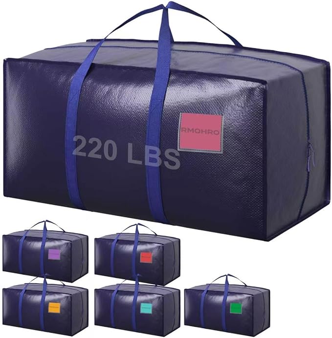 6 Pack Moving Bags Heavy Duty 210GSM with Full-Open Side Zipper, 93L 220lbs Waterproof Foldable Storage Totes for College Dorm Move-In, Moving Boxes Alternative & Home Organization, Blue
