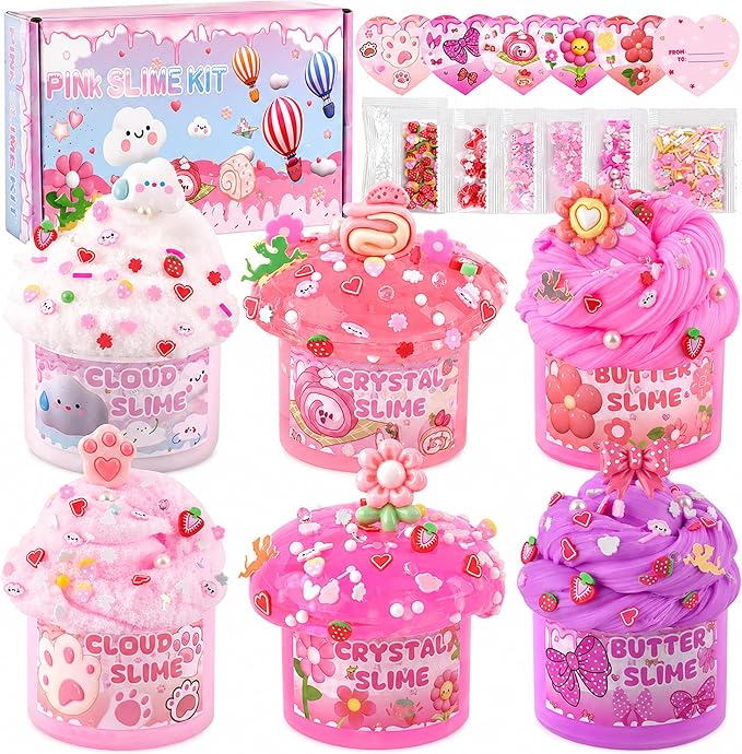 6 Pack Slimes, Pink Slime Kids, Cloud Slime kit for Girls Ages 8-12, Toys for Girls and Boys, for Kids Slime Set Party kit Goodie Bag Stuffers, 4 5 6 7 8 9 10 Year Old Girl Birthday Gift Cute Stuff
