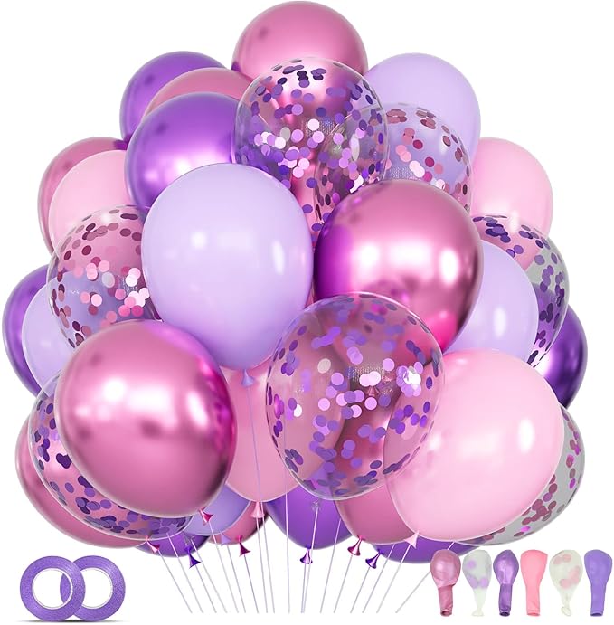 68Pcs Pink and Purple Balloons 12 Inch Metallic Purple Pink Latex Balloon Confetti ballons with Ribbons Party Balloons for Wedding Girls Birthday Baby Shower Decorations.