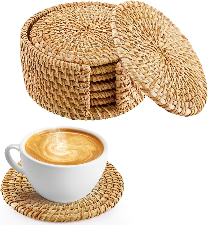 6pcs Natural Handmade Rattan Coasters with Holder - Wicker Drink Coasters Set, Housewarming Gifts Boho Summer Home Coastal Decor