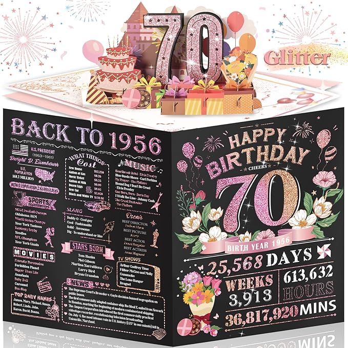 70th Birthday Card for Women Her, Large 3D Pop Up 70th Birthday cards for Mom Grandma, Happy 70 Year Old Birthday Decorations for Wife Sister Funny Birthday Gifts, Back to 1956, Pink