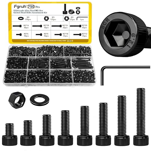 750PCS M3 Screws Assortment Kit, M3x6/8/10/12/16/20/25/30 mm Hex Socket Head Bolts, Nuts & Washers Assorted Set - 12.9 Alloy Steel Black Zinc Plated M3 Screw for 3D Printer,DIY