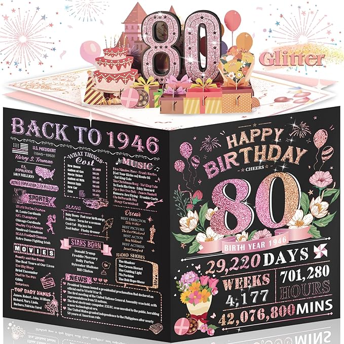 80th Birthday Card for Women Her, Large 3D Pop Up 80th Birthday cards forMom Grandma, Happy 80 Year Old Birthday Decorations for Wife Sister Funny Birthday Gifts, Back to 1946, Pink