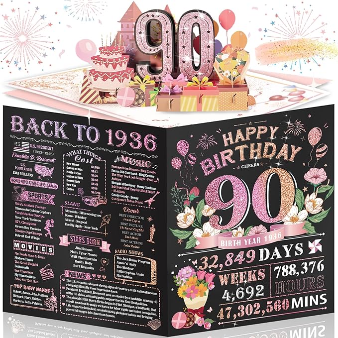 90th Birthday Card for Women Her, Large 3D Pop Up 90th Birthday cards for Mom Grandma, Happy 90 Year Old Birthday Decorations for Wife Sister Funny Birthday Gifts, Back to 1936, Pink