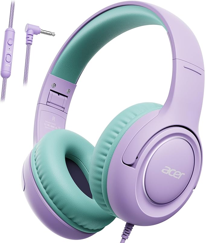 acer Kids Headphones - Over-Ear 85/94dB Volume Limiter, 3.5mm Jack Foldable Stereo Sound Headset for Toddlers Girls Boy Travel Learning Entertainment Tablet Kindle iPad PC Purple Green, HK03